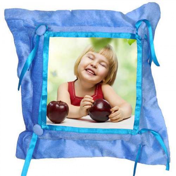 Blue Satin Lace and Button Square Shaped Cushion With Personalized Photo